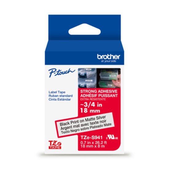 Imagen de BROTHER MOBILE, (ORDER INCREMENTS OF 6) 0.7 IN X 26.2 FT (18MM X 8M), BLACK INK ON MATTE SILVER EXTRA-STRENGTH ADHESIVE LABEL (WARNING: CANCER RISK FROM EXPOSURE TO BISPHENOL S (BPS)