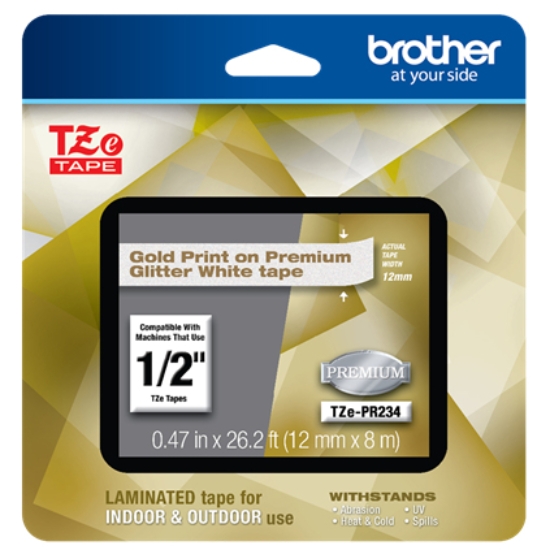 Imagen de BROTHER MOBILE, EOL, 0.47 IN X 26.2 FT (12MM X 8M), GOLD INK ON GLITTER WHITE LABEL