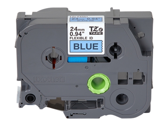 Imagen de BROTHER MOBILE, INCREMENTS OF 6, 0.94 IN X 26.2 FT (24MM X 8M), BLACK INK ON BLUE LABEL, COMPATIBLE WITH ALL 24MM AND 36MM HGE/TZE MODELS