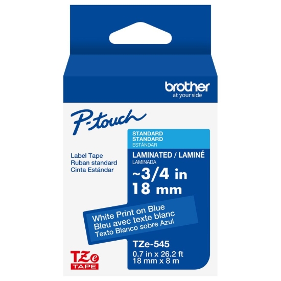 Imagen de BROTHER MOBILE, (ORDER INCREMENTS OF 6) 0.7 IN X 26.2 FT (18MM X 8M), WHITE INK ON BLUE LABEL (WARNING: CANCER RISK FROM EXPOSURE TO BISPHENOL S (BPS)