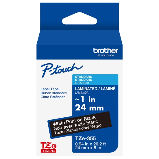 Imagen de BROTHER MOBILE, (ORDER INCREMENTS OF 6), 0.94 IN X 26.2 FT (24MM X 8M), WHITE INK ON BLACK LABEL (WARNING: CANCER RISK FROM EXPOSURE TO BISPHENOL S (BPS)