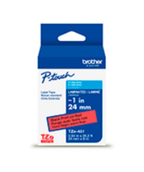 Imagen de BROTHER MOBILE, 1IN X 26.2FT (24MM X 8M) BLACK ON RED STANDARD ADHESIVE LAMINATED TAPE