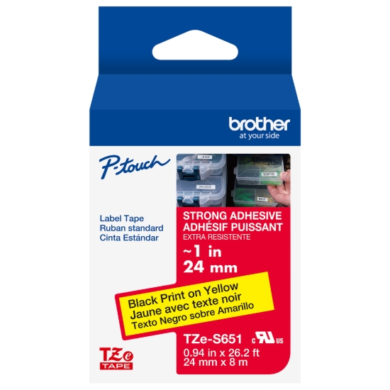 Imagen de BROTHER MOBILE, (ORDER INCREMENTS OF 6) 0.94 IN X 26.2 FT (24MM X 8M), BLACK INK ON YELLOW EXTRA-STRENGTH ADHESIVE LABEL (WARNING: CANCER RISK FROM EXPOSURE TO BISPHENOL S (BPS)