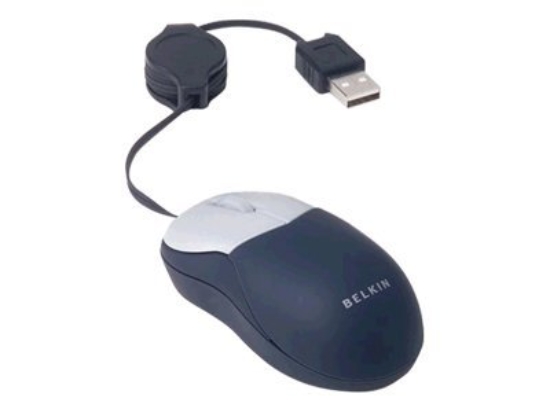 Imagen de Belkin Mini Optical Mouse w/Retractable Cord - Ratón - óptico - cableado - USB - plata, gris medianoche