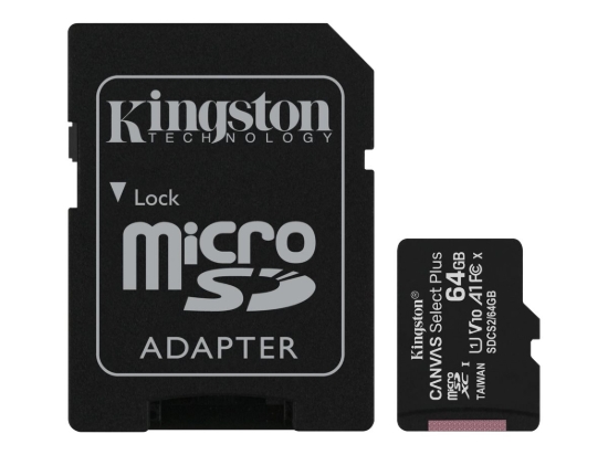 Imagen de Kingston Canvas Select Plus - Tarjeta de memoria flash (adaptador microSDXC a SD Incluido) - 64 GB - A1 / Video Class V10 / UHS Class 1 / Class10 - microSDXC UHS-I