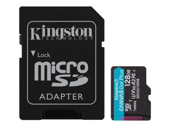 Imagen de Kingston Canvas Go! Plus - Tarjeta de memoria flash (adaptador microSDXC a SD Incluido) - 128 GB - A2 / Video Class V30 / UHS-I U3 / Class10 - microSDXC UHS-I