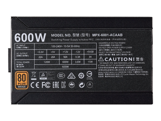 Imagen de Cooler Master MWE Bronze 600 - Fuente de alimentación (interna) - ATX12V 2.31 - 80 PLUS Bronze - CA 100-240 V - 600 vatios - PFC activa