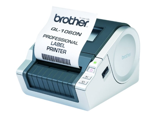 Imagen de Brother QL-1060N - Impresora de etiquetas - térmica directa - Rollo (10,2 cm) - 300 ppp - hasta 110 mm/segundo - USB, LAN, serial - cortador - plata, bluish grey